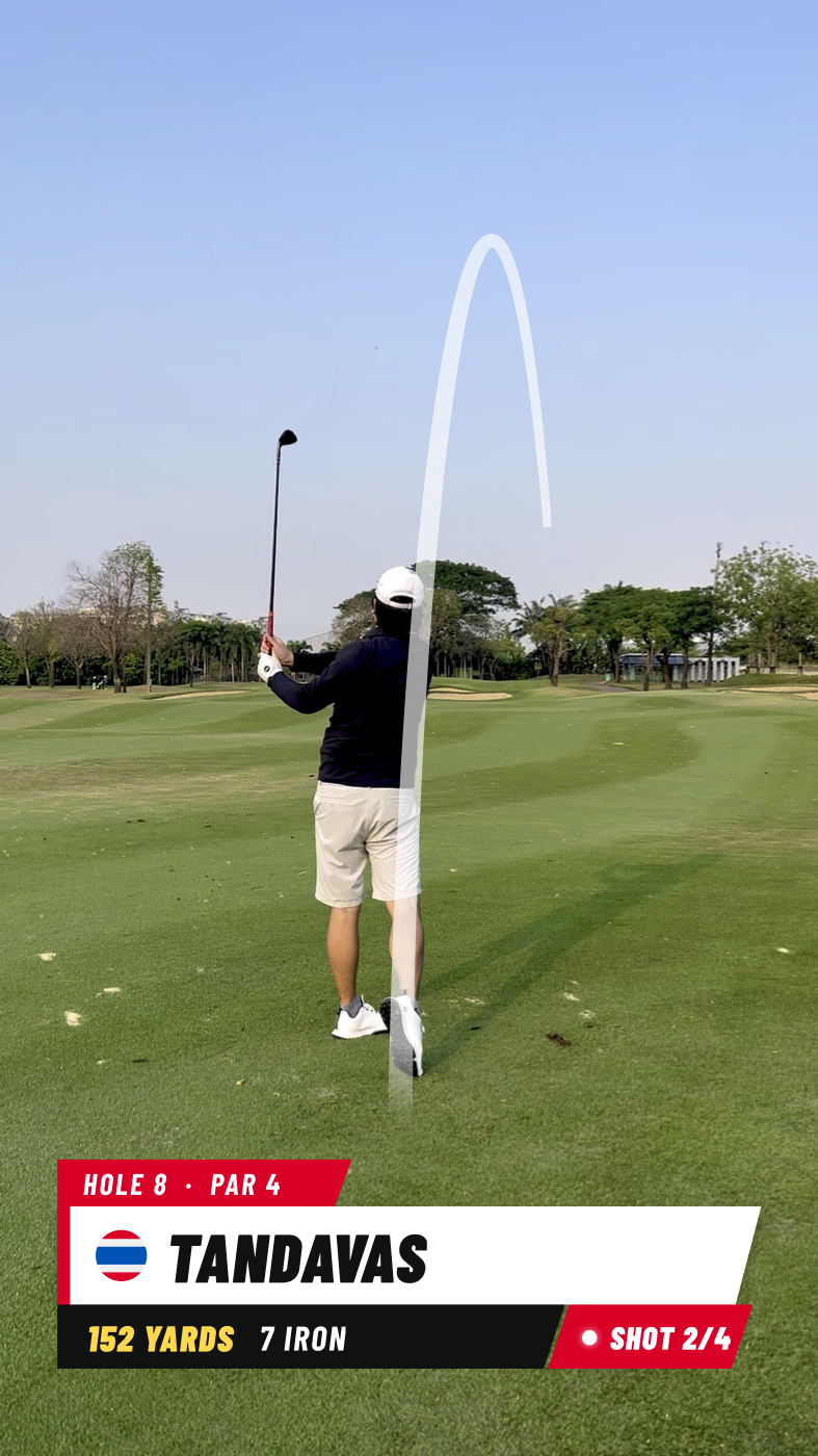 The same shot in TraceGolf, with a tracer and a player card